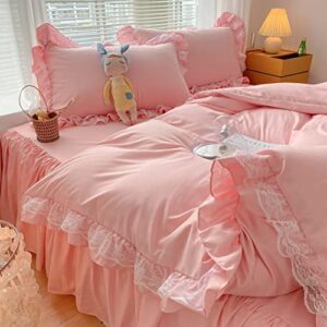 MOOWOO Chic Ruffle Lace Polyester Duvet Cover Set -Girl Pink Bedding-3 Piece Full Duvet Cover with Zipper Closure -Ultra Soft and Light Weight (Pink, Full)