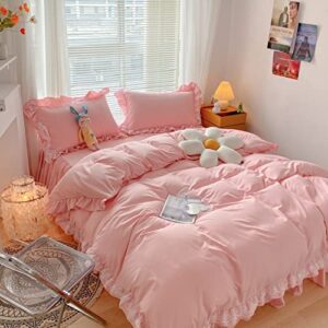 MOOWOO Chic Ruffle Lace Polyester Duvet Cover Set -Girl Pink Bedding-3 Piece Full Duvet Cover with Zipper Closure -Ultra Soft and Light Weight (Pink, Full)