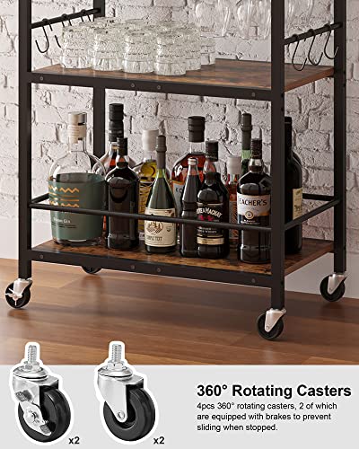 TUTOTAK Bar Cart, Serving Cart for Home, Microwave Cart, Drink Cart, Mobile Kitchen Shelf with Wine Rack and Glass Holder, Rolling Beverage Cart BC01BB030