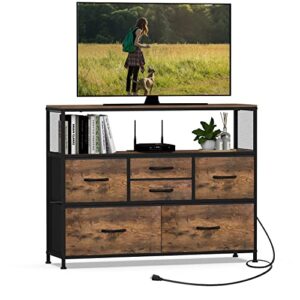 simoretus tv stand with power outlet and fabric drawers entertainment center for tv up to 45 inch industrial open storage shelf media console dresser for living room bedroom