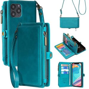 mincyb compatible with iphone 14 pro wallet case, zipper case with rfid blocking card holder slots for women men, magnetic detachable leather cover with wristlet strap for iphone 14 pro. blue