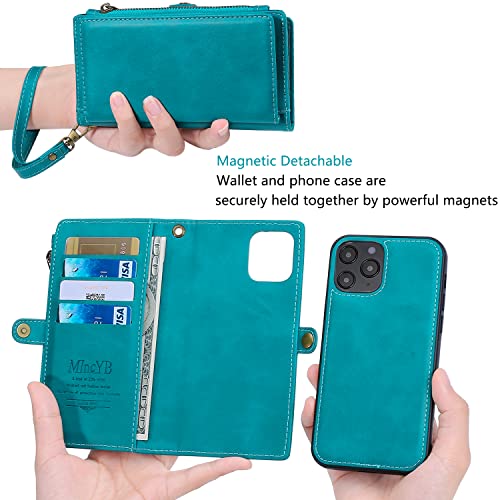 MInCYB Compatible with iPhone 14 Pro Wallet Case, Zipper Case with RFID Blocking Card Holder Slots for Women Men, Magnetic Detachable Leather Cover with Wristlet Strap for iPhone 14 Pro. Blue