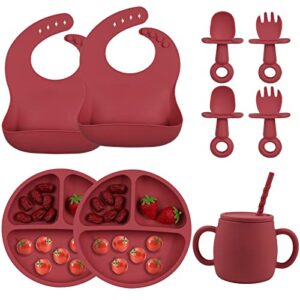 baby feeding supplies - led weaning silicone baby feeding set, baby plates with suction, toddler sippy cups, first stage self feeding utensils dishes set with bibs, baby spoons and forks, 9 pieces