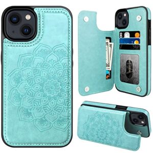 mmhuo for iphone 14 plus case with card holder, flower magnetic back flip case for iphone 14 plus wallet case for women, protective case phone case for iphone 14 plus,mint