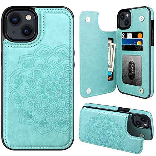 MMHUO for iPhone 14 Plus Case with Card Holder, Flower Magnetic Back Flip Case for iPhone 14 Plus Wallet Case for Women, Protective Case Phone Case for iPhone 14 Plus,Mint