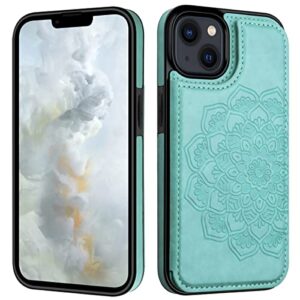 MMHUO for iPhone 14 Plus Case with Card Holder, Flower Magnetic Back Flip Case for iPhone 14 Plus Wallet Case for Women, Protective Case Phone Case for iPhone 14 Plus,Mint