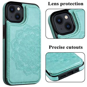 MMHUO for iPhone 14 Plus Case with Card Holder, Flower Magnetic Back Flip Case for iPhone 14 Plus Wallet Case for Women, Protective Case Phone Case for iPhone 14 Plus,Mint