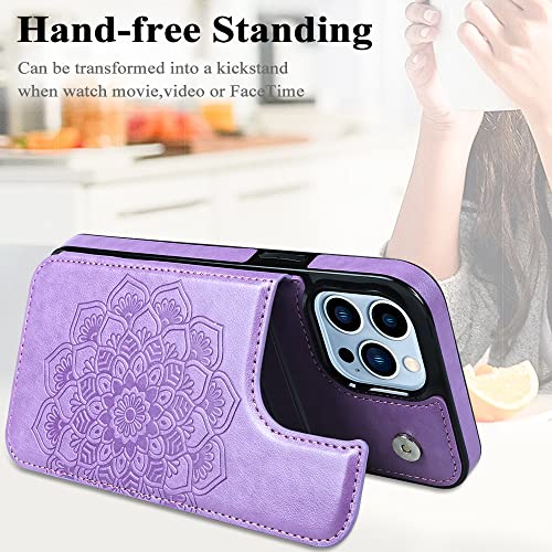 MMHUO for iPhone 14 Pro Max Case with Card Holder, Flower Magnetic Back Flip Case for iPhone 14 Pro Max Wallet Case for Women, Protective Case Phone Case for iPhone 14 Pro Max,Purple