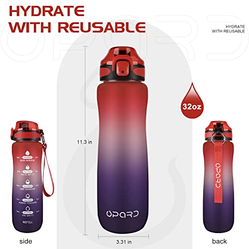 Opard 32oz Sports Water Bottle with Motivational Time Marker & Leak Proof Flip Top Lid, BPA Free Reusable Tritan for Gym and Outdoor