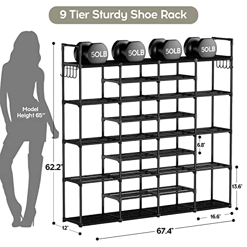 WEXCISE Large Shoe Rack Organizer 9 Tiers 4 Rows for 64-72 Pairs Shoe and Boots, Tall shoe storage Metal Shoe Organizer garage shoe storage Black for Entryway, Closet, Bedroom, Hallway