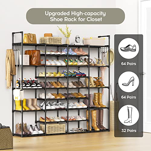 WEXCISE Large Shoe Rack Organizer 9 Tiers 4 Rows for 64-72 Pairs Shoe and Boots, Tall shoe storage Metal Shoe Organizer garage shoe storage Black for Entryway, Closet, Bedroom, Hallway