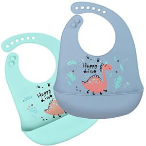 eimmabey silicone bibs for babies and toddlers 2 sets feeding bibs for boy and girl, adjustable soft waterproof bibs with food catcher dinosaur