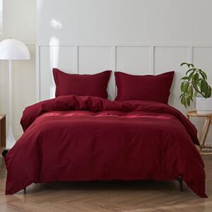 simple&opulence french linen duvet cover set - queen size(88" x 92")- 3 pieces (1 comforter cover,2 pillowcases)- natural flax cotton blend-solid color breathable farmhouse bedding-burgundy