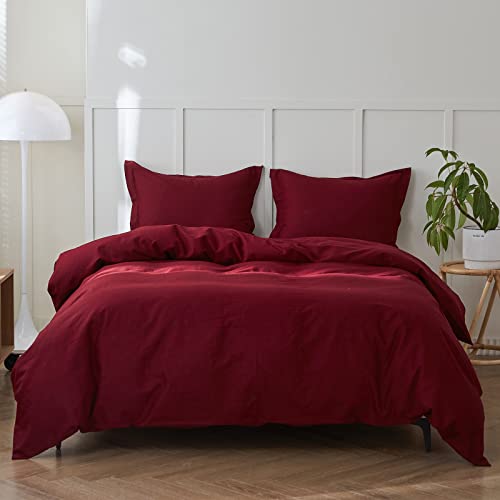 Simple&Opulence French Linen Duvet Cover Set - Queen Size(88" x 92")- 3 Pieces (1 Comforter Cover,2 Pillowcases)- Natural Flax Cotton Blend-Solid Color Breathable Farmhouse Bedding-Burgundy