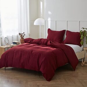 Simple&Opulence French Linen Duvet Cover Set - Queen Size(88" x 92")- 3 Pieces (1 Comforter Cover,2 Pillowcases)- Natural Flax Cotton Blend-Solid Color Breathable Farmhouse Bedding-Burgundy