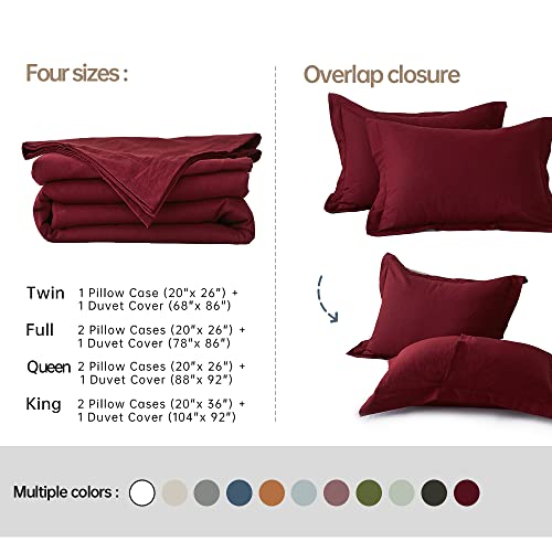 Simple&Opulence French Linen Duvet Cover Set - Queen Size(88" x 92")- 3 Pieces (1 Comforter Cover,2 Pillowcases)- Natural Flax Cotton Blend-Solid Color Breathable Farmhouse Bedding-Burgundy