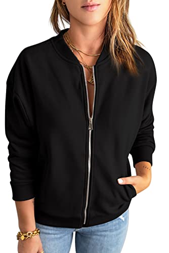 GeGekoko Womens Sweatshirt Long Sleeve Casual Loose Zip Up Jacket Outwear with Pockets Black