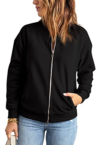 GeGekoko Womens Sweatshirt Long Sleeve Casual Loose Zip Up Jacket Outwear with Pockets Black