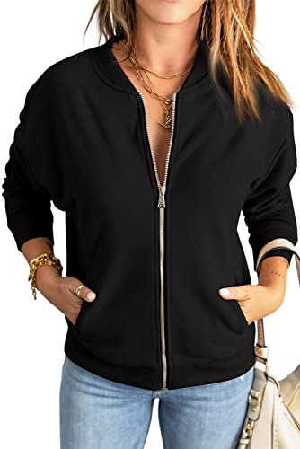 GeGekoko Womens Sweatshirt Long Sleeve Casual Loose Zip Up Jacket Outwear with Pockets Black