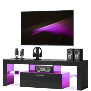 entrintou modern led tv stand for 55 inch tv with shelves and large storage, rustic entertainment center, corner small television stand, black table top gaming glossy tv stand for living room, bedroom