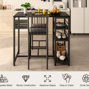 Gizoon Bar Table and Chairs Set for 2 with 3 Storage Shelves, Modern Pub Table Set with Pu Cushion Chairs & Thick Wood Top for Breakfast, 3-Piece Small Table for Kitchen - Black