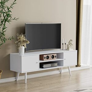 Cozy Castle TV Stand for 50/55/60 inch TV, Mid-Century Modern TV Stand with Storage, Entertainment Center TV Console, White TV Stand with Adjustable Shelves, TV Media for Living Room, Bedroom, White