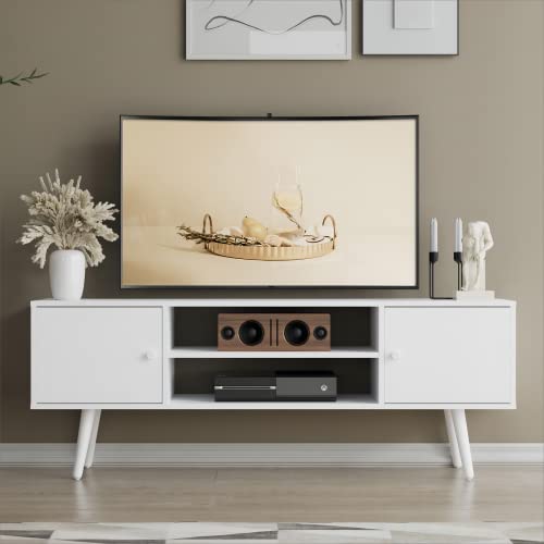 Cozy Castle TV Stand for 50/55/60 inch TV, Mid-Century Modern TV Stand with Storage, Entertainment Center TV Console, White TV Stand with Adjustable Shelves, TV Media for Living Room, Bedroom, White