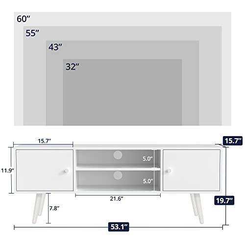 Cozy Castle TV Stand for 50/55/60 inch TV, Mid-Century Modern TV Stand with Storage, Entertainment Center TV Console, White TV Stand with Adjustable Shelves, TV Media for Living Room, Bedroom, White