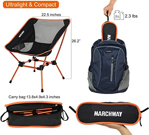 MARCHWAY Ultralight Folding Camping Chair, Heavy Duty Portable Compact for Outdoor Camp, Travel, Beach, Picnic, Festival, Hiking, Lightweight Backpacking (Orange)