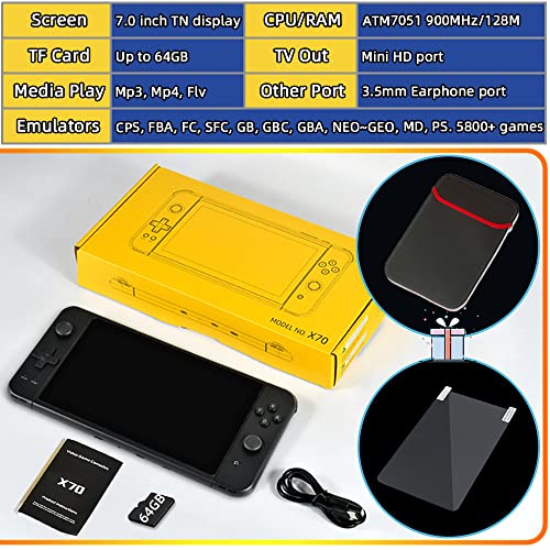 X70 Handheld Game Console 7.0 inch Pro Retro Games Consoles Classic Video Games Pad Style Preinstalled System Built-in Rechargeable Battery Gaming Consoles 64GB