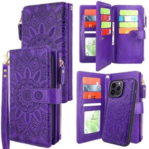 harryshell compatible with iphone 14 pro max 6.7 inch 5g 2022 wallet case detachable magnetic cover zipper cash pocket multi card slots holder wrist strap lanyard (floral purple)