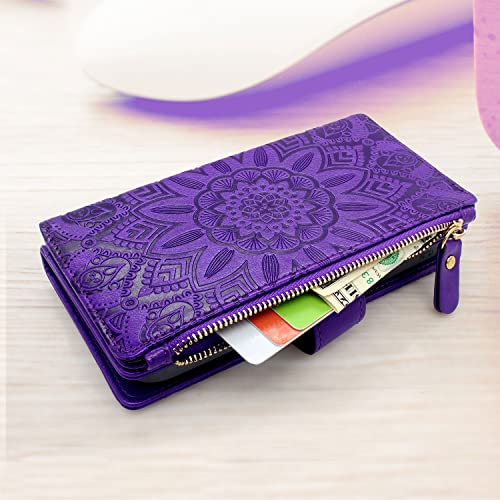 Harryshell Compatible with iPhone 14 Pro Max 6.7 inch 5G 2022 Wallet Case Detachable Magnetic Cover Zipper Cash Pocket Multi Card Slots Holder Wrist Strap Lanyard (Floral Purple)