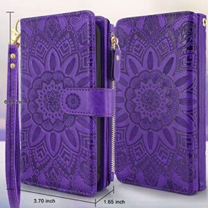 Harryshell Compatible with iPhone 14 Pro Max 6.7 inch 5G 2022 Wallet Case Detachable Magnetic Cover Zipper Cash Pocket Multi Card Slots Holder Wrist Strap Lanyard (Floral Purple)