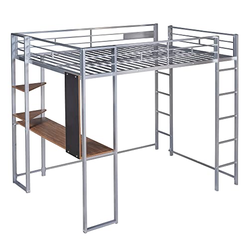 Harper & Bright Designs Full Size Loft Bed with Desk, Heavy Duty Metal Loft Bed Full with Shelves, Full Loft Bed Frame for Kids,Teens, No Box Spring Needed,Silver