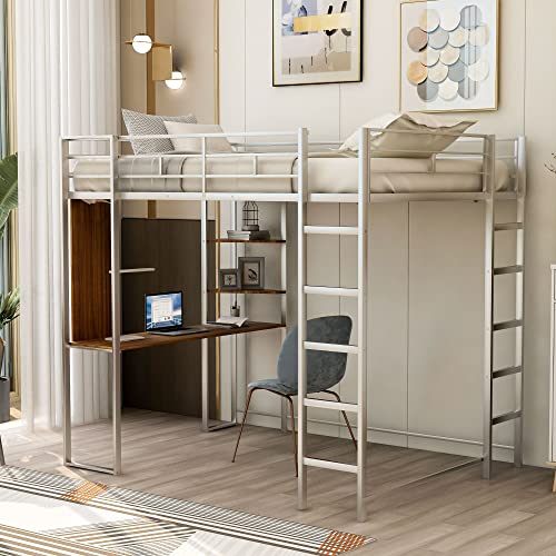 Harper & Bright Designs Full Size Loft Bed with Desk, Heavy Duty Metal Loft Bed Full with Shelves, Full Loft Bed Frame for Kids,Teens, No Box Spring Needed,Silver