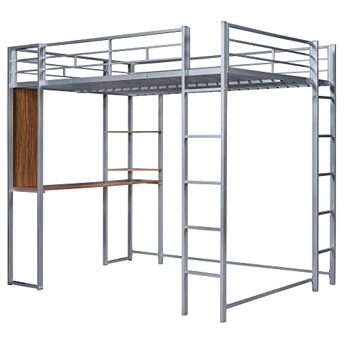 Harper & Bright Designs Full Size Loft Bed with Desk, Heavy Duty Metal Loft Bed Full with Shelves, Full Loft Bed Frame for Kids,Teens, No Box Spring Needed,Silver