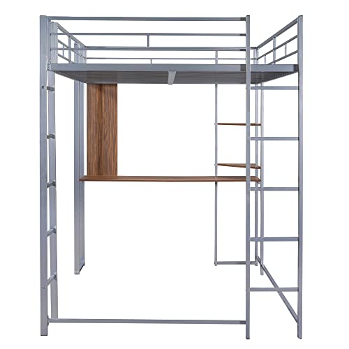 Harper & Bright Designs Full Size Loft Bed with Desk, Heavy Duty Metal Loft Bed Full with Shelves, Full Loft Bed Frame for Kids,Teens, No Box Spring Needed,Silver