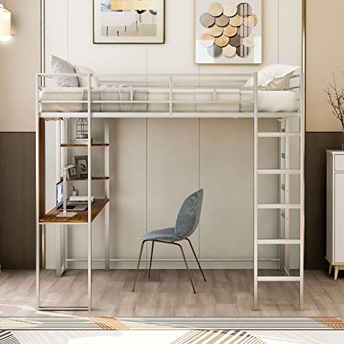 Harper & Bright Designs Full Size Loft Bed with Desk, Heavy Duty Metal Loft Bed Full with Shelves, Full Loft Bed Frame for Kids,Teens, No Box Spring Needed,Silver