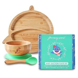 Greenway World - Baby Suction Bowls and Plates Set, Bamboo Plates for Kids with Suction Bowls for Baby and Silicone-Covered Wooden Spoons for Eating, Portable Baby Eating Supplies, Shark Design