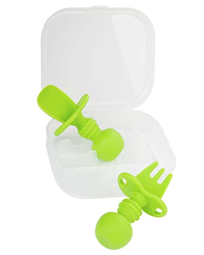 2 Pcs Baby Spoons Self Feeding 6 Months, Silicone Baby Spoons First Stage and Baby Fork, Toddler Utensils for Baby Led Weaning with 1 Case (Green))