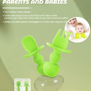 2 Pcs Baby Spoons Self Feeding 6 Months, Silicone Baby Spoons First Stage and Baby Fork, Toddler Utensils for Baby Led Weaning with 1 Case (Green))