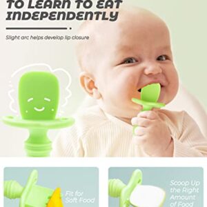 2 Pcs Baby Spoons Self Feeding 6 Months, Silicone Baby Spoons First Stage and Baby Fork, Toddler Utensils for Baby Led Weaning with 1 Case (Green))