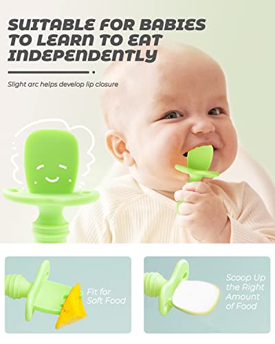 2 Pcs Baby Spoons Self Feeding 6 Months, Silicone Baby Spoons First Stage and Baby Fork, Toddler Utensils for Baby Led Weaning with 1 Case (Green))