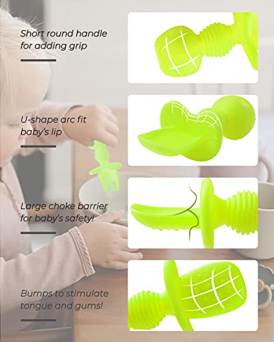 2 Pcs Baby Spoons Self Feeding 6 Months, Silicone Baby Spoons First Stage and Baby Fork, Toddler Utensils for Baby Led Weaning with 1 Case (Green))