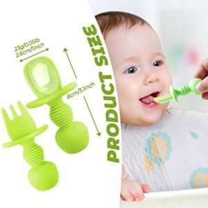 2 Pcs Baby Spoons Self Feeding 6 Months, Silicone Baby Spoons First Stage and Baby Fork, Toddler Utensils for Baby Led Weaning with 1 Case (Green))