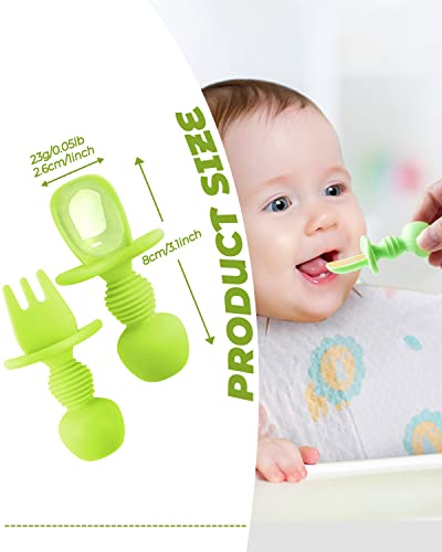 2 Pcs Baby Spoons Self Feeding 6 Months, Silicone Baby Spoons First Stage and Baby Fork, Toddler Utensils for Baby Led Weaning with 1 Case (Green))