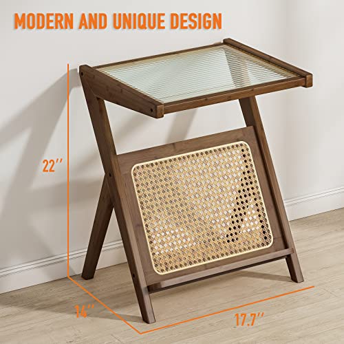 Bamworld Rattan Side Table Boho NightStand Mid Century Modern End Table Glass Bedside Table Small End Tables Bamboo Coffee Table with Storage for Living Room Bedroom