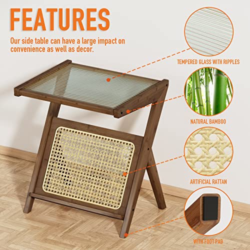 Bamworld Rattan Side Table Boho NightStand Mid Century Modern End Table Glass Bedside Table Small End Tables Bamboo Coffee Table with Storage for Living Room Bedroom