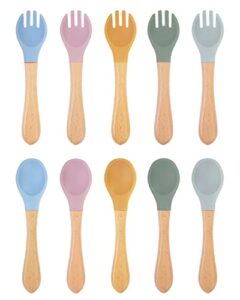 10 pieces bamboo baby spoons & baby forks set, chewable baby utensils for self-feeding, bamboo and silicone baby utensils, kids utensils for over 6 months babies