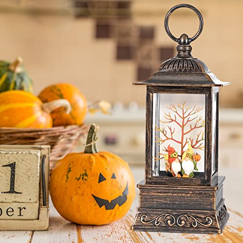 Gnome Snow Globe Fall Decorations for Home, Thanksgiving Glittering Lighted Lantern Autumn Decor